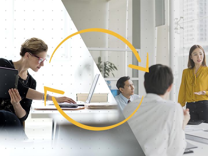 Den Smarte Arbejdsplads Guide people working in a hybrid workspace